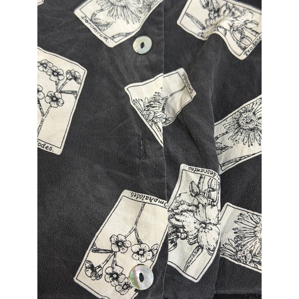 City Silk Womens 100% Silk Botanical Tarot Seed Packet Print Shirt Black Large - Picture 4 of 7
